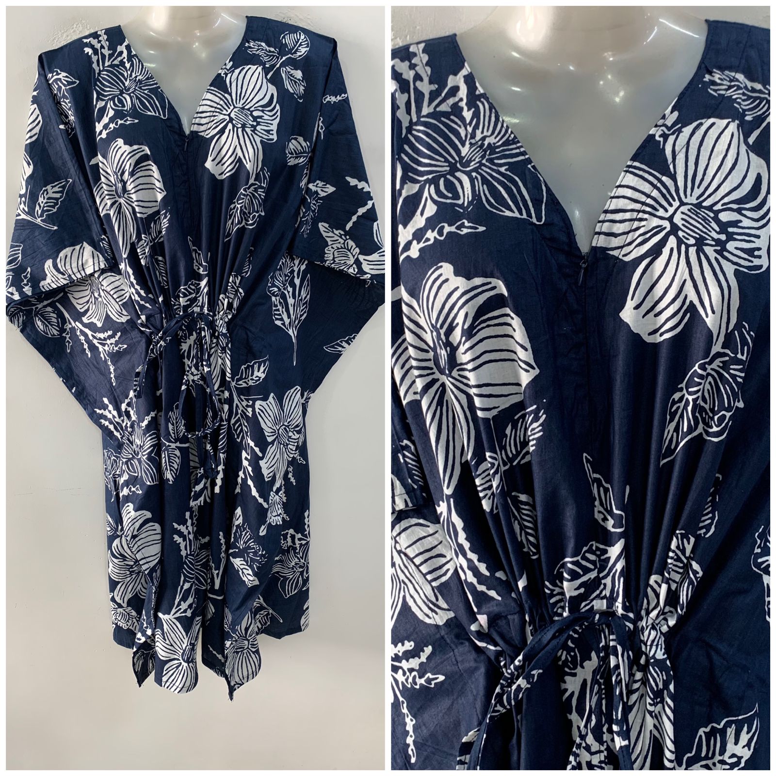 Dark Blue Shade Pumpkin Flower Print Mid-Length Cotton Maternity Kaftan Dress