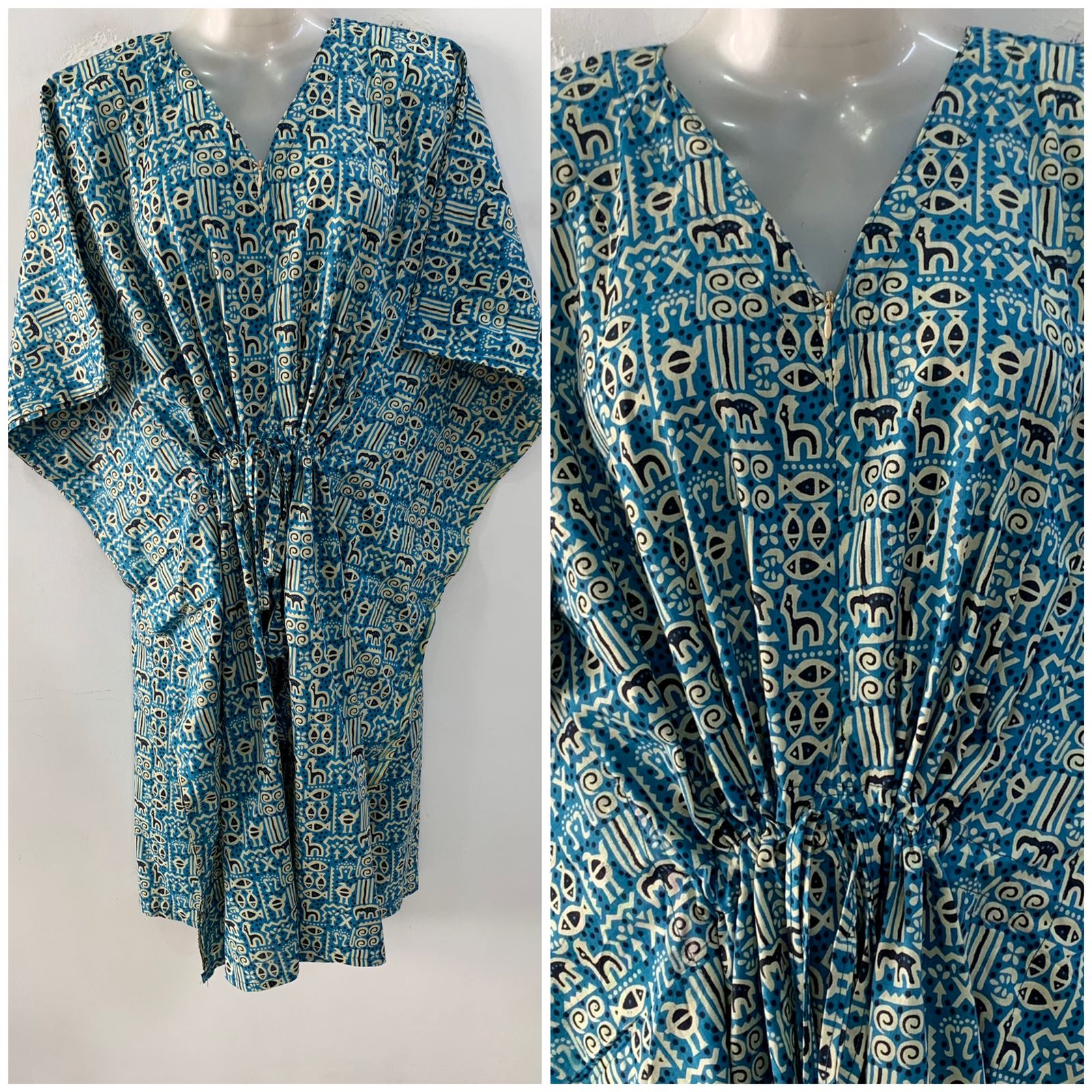 Blue Shade Boho Print Mid-Length Cotton Maternity Kaftan Dress