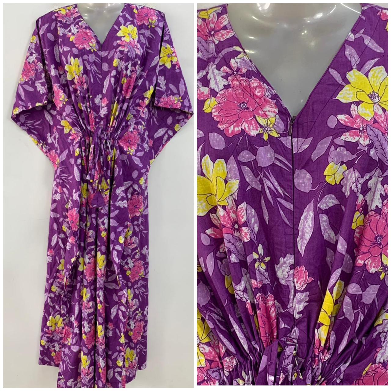 Purple shade Pink Yellow Morning Glory Flower Print Cotton Maternity Kaftan