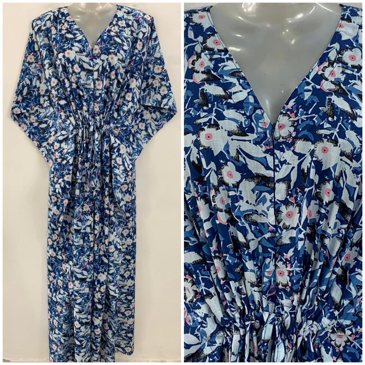 Blue shade Pink Flower Leafy Abstract Print Cotton Maternity Kaftan