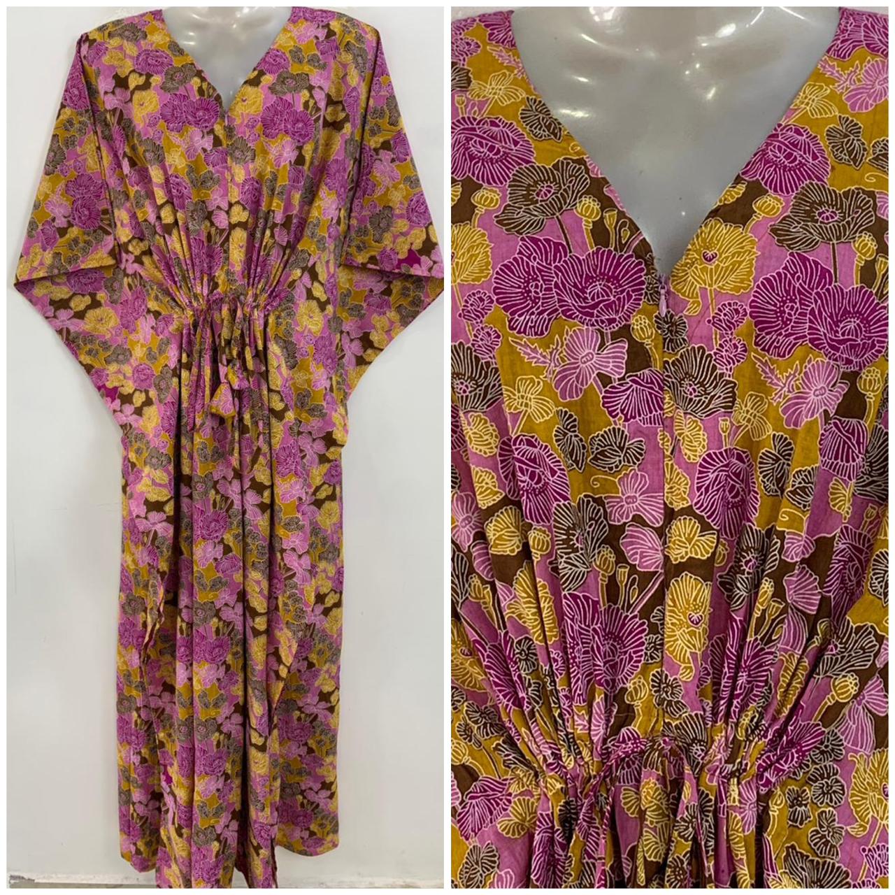 Yellow- Purple Small Digital Flower Print Cotton Maternity Kaftan