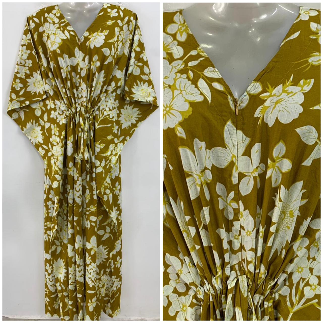 Mustard Brown shade Jasmine flower Bunch Print Cotton Maternity Kaftan