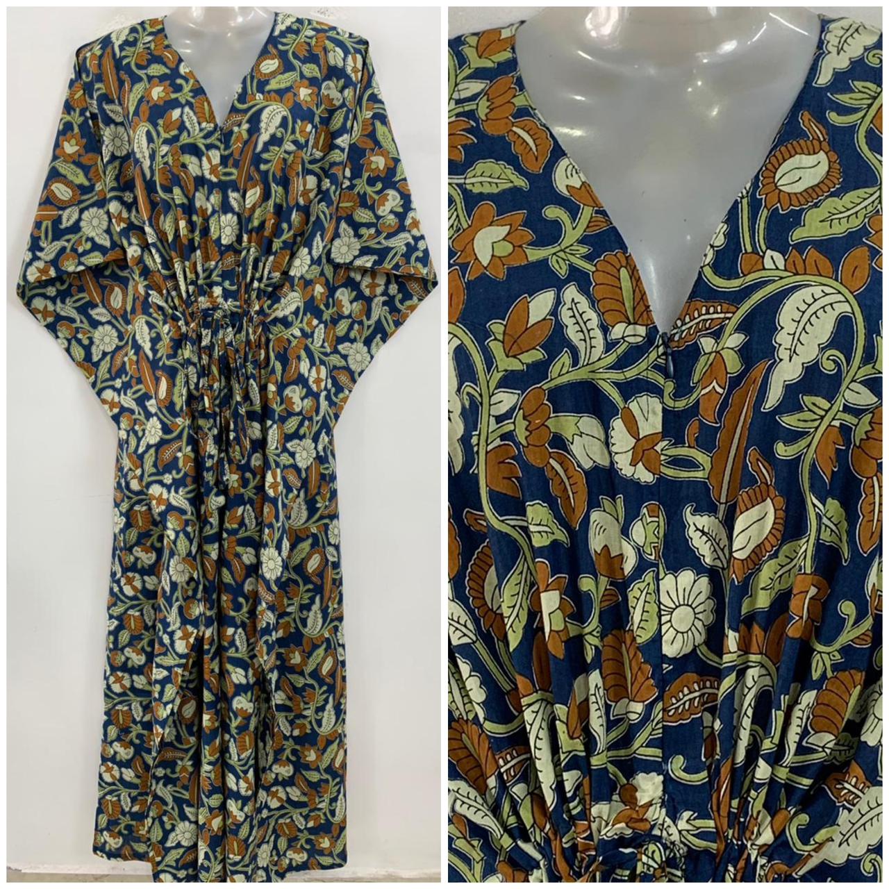Blue shade Brown leafy Flower Garden Print Cotton Maternity Kaftan