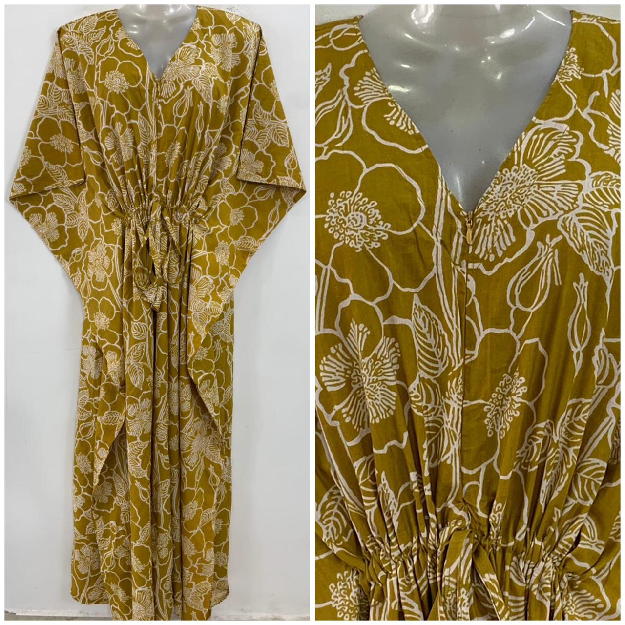 Mustard Yellow Shade Digital Flower Garden Print Cotton Maternity Kaftan