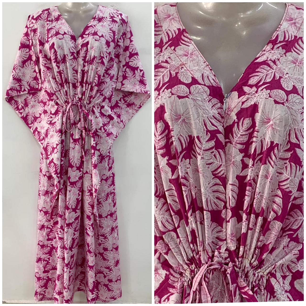Pink shade White Hibiscus Leafy Print Cotton Maternity Kaftan