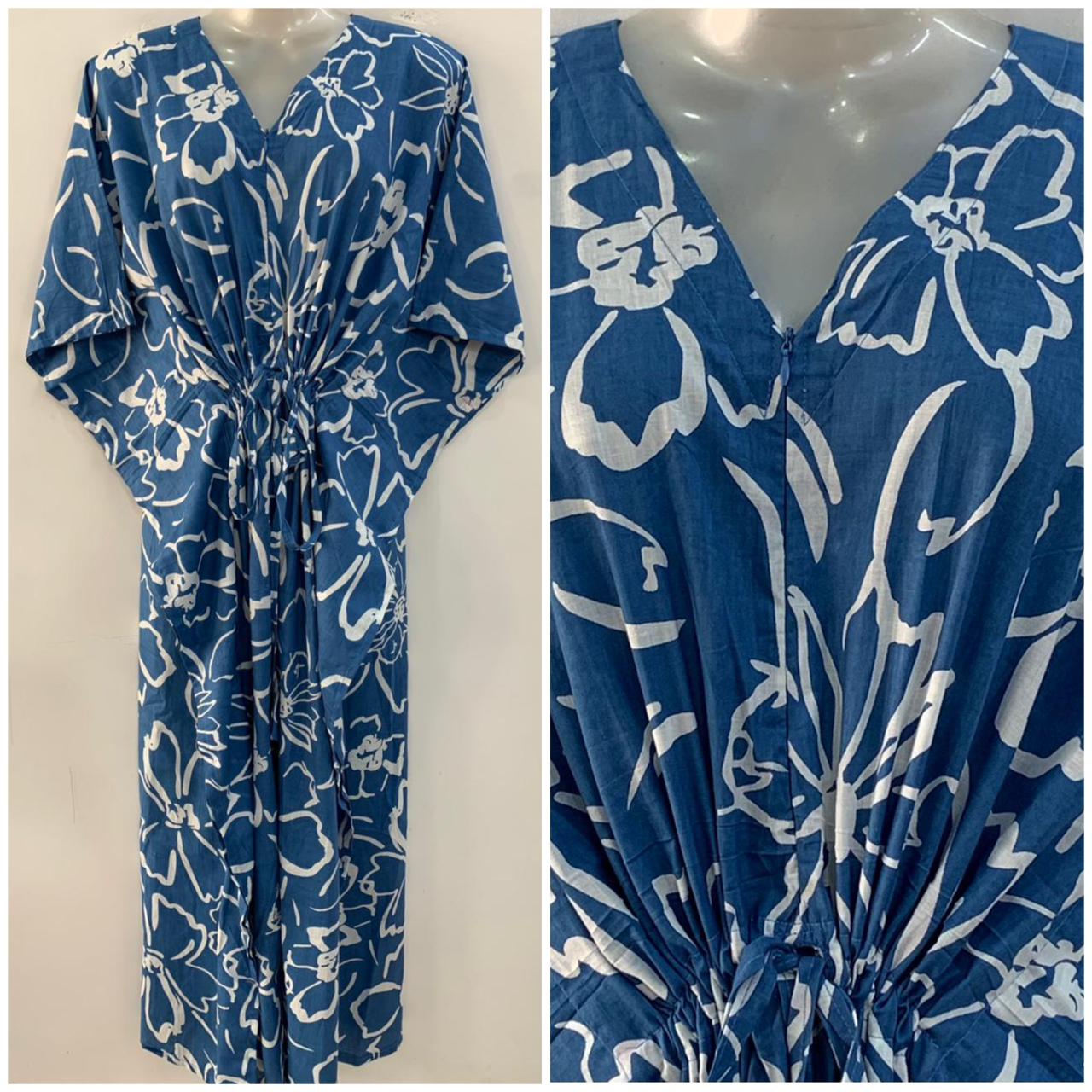 Blue shade Big Flower Outliner Print Cotton Maternity Kaftan