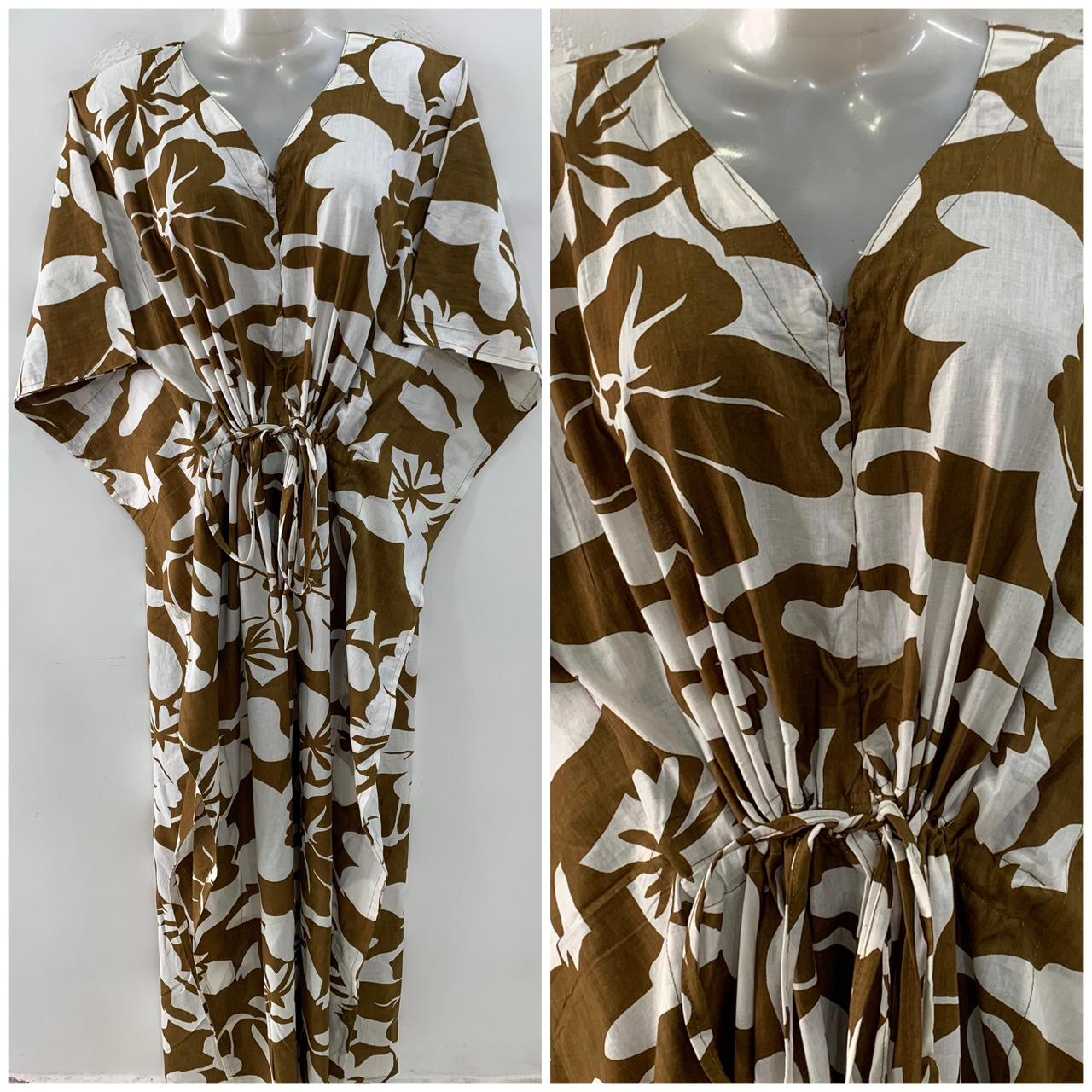 Brown shade White flower Garden Print Cotton Maternity Kaftan