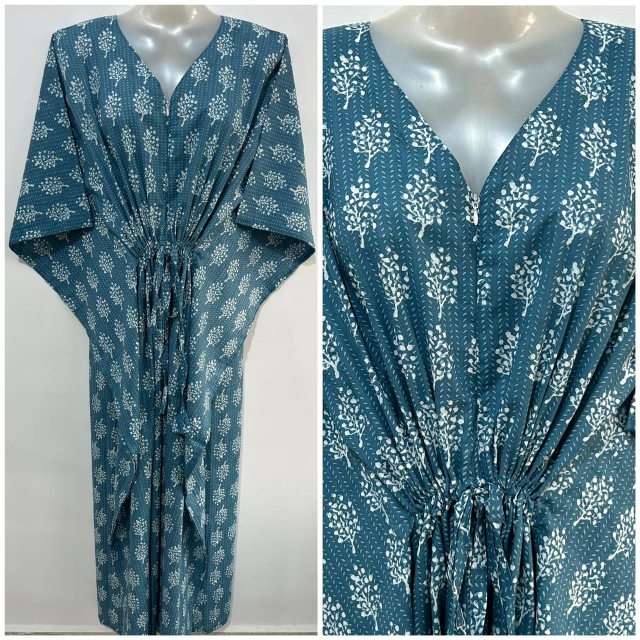 Slate Blue shade Dotted Flower Bunch Print Cotton Maternity Nursing Kaftan