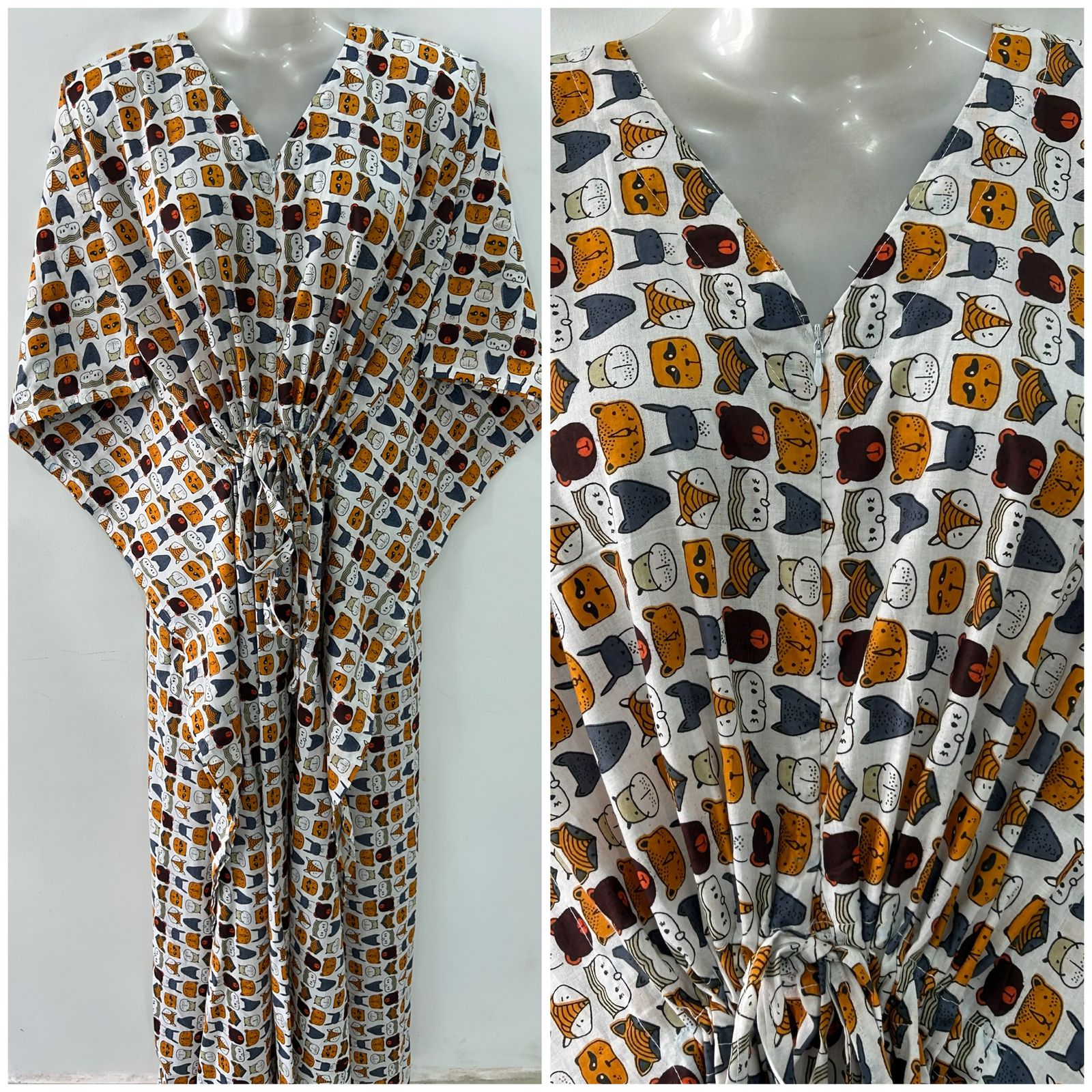 White shade Blue-Brown Face Print Cotton Maternity Nursing Kaftan