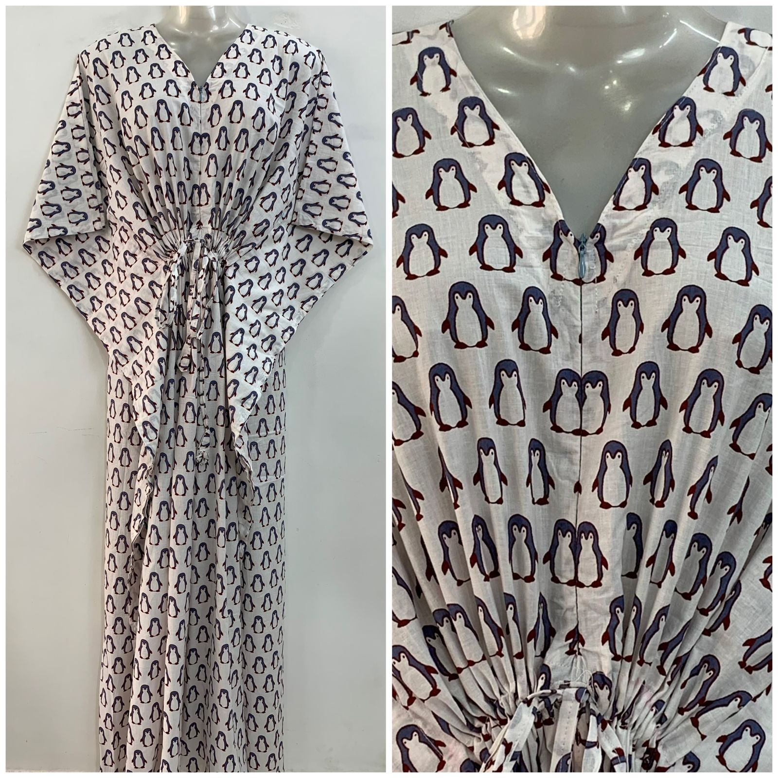White shade Grey Penguin Print Cotton Maternity Nursing Kaftan