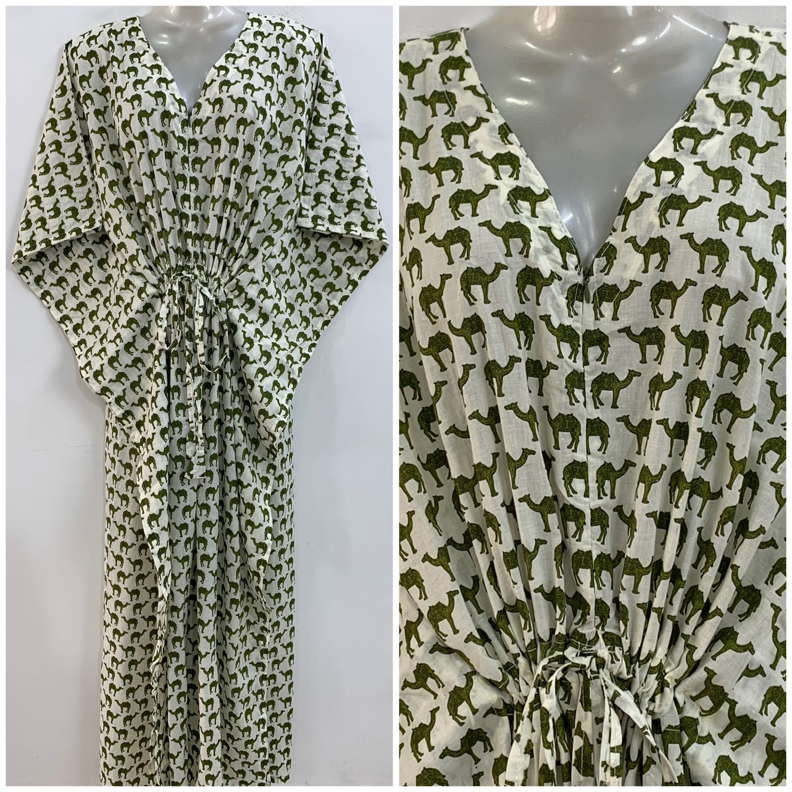 White shade Green Camel  Print Cotton Maternity Nursing Kaftan