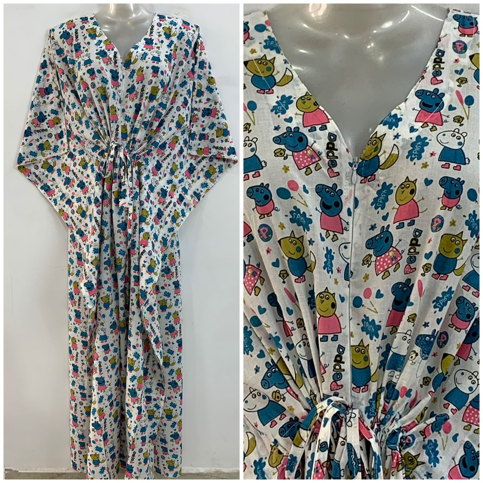 Blue Peppa Pig Print Cotton Maternity Nursing Kaftan