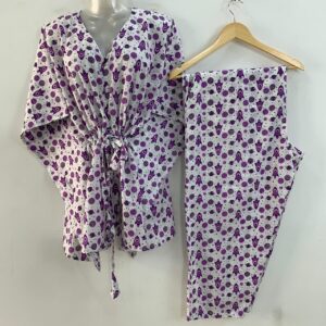 White Shade Purple Rocket Print Cotton Maternity Kaftan Co-Ord Set