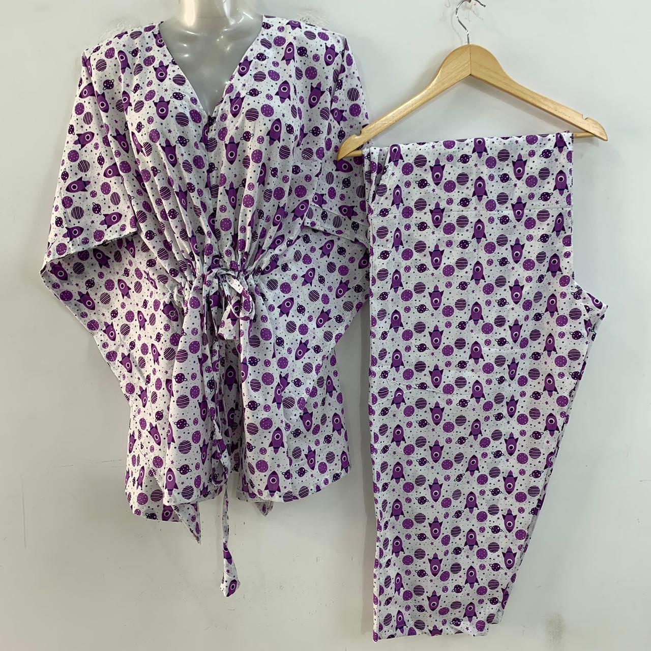 White Shade Purple Rocket Print Cotton Maternity Kaftan Co-Ord Set