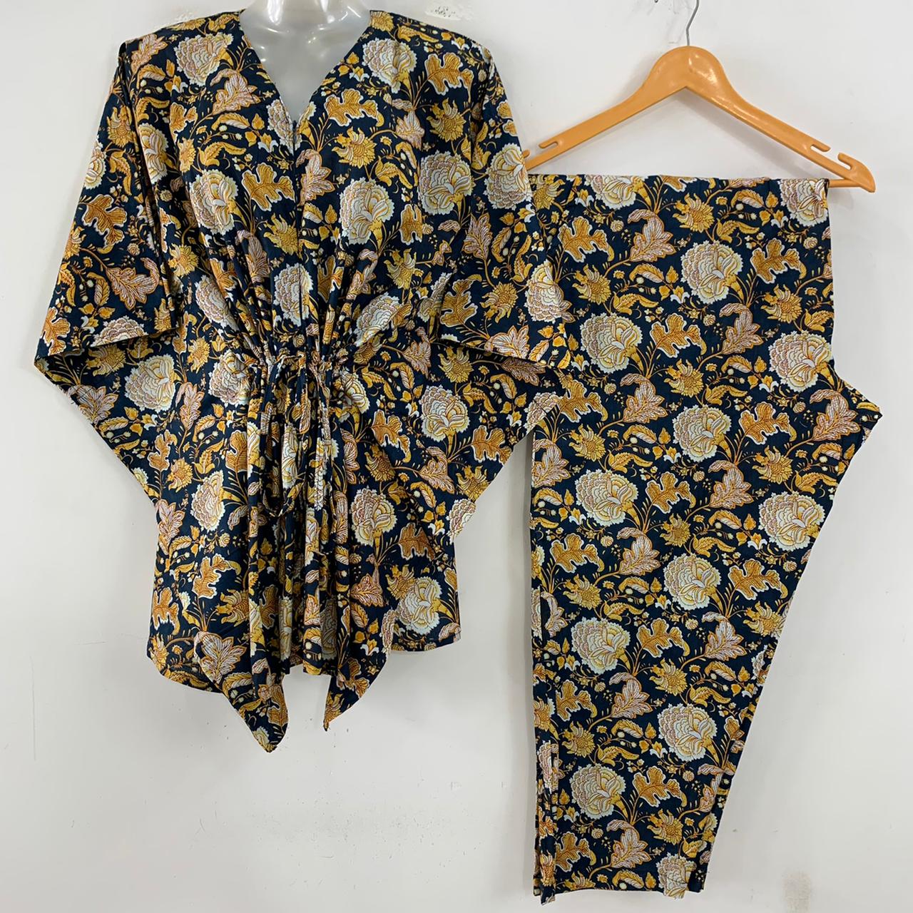 Dark Blue Shade Yellow Marigold Flower Print Cotton Maternity Kaftan Co-Ord Set