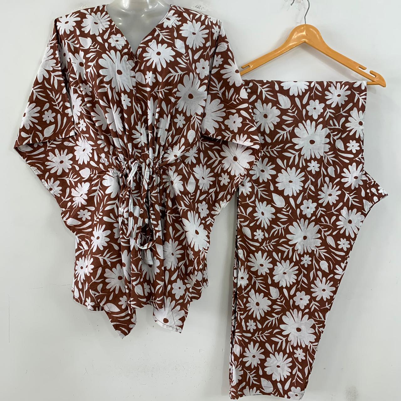 Brown Shade Daisy Flower Print Cotton Maternity Kaftan Co-Ord Set