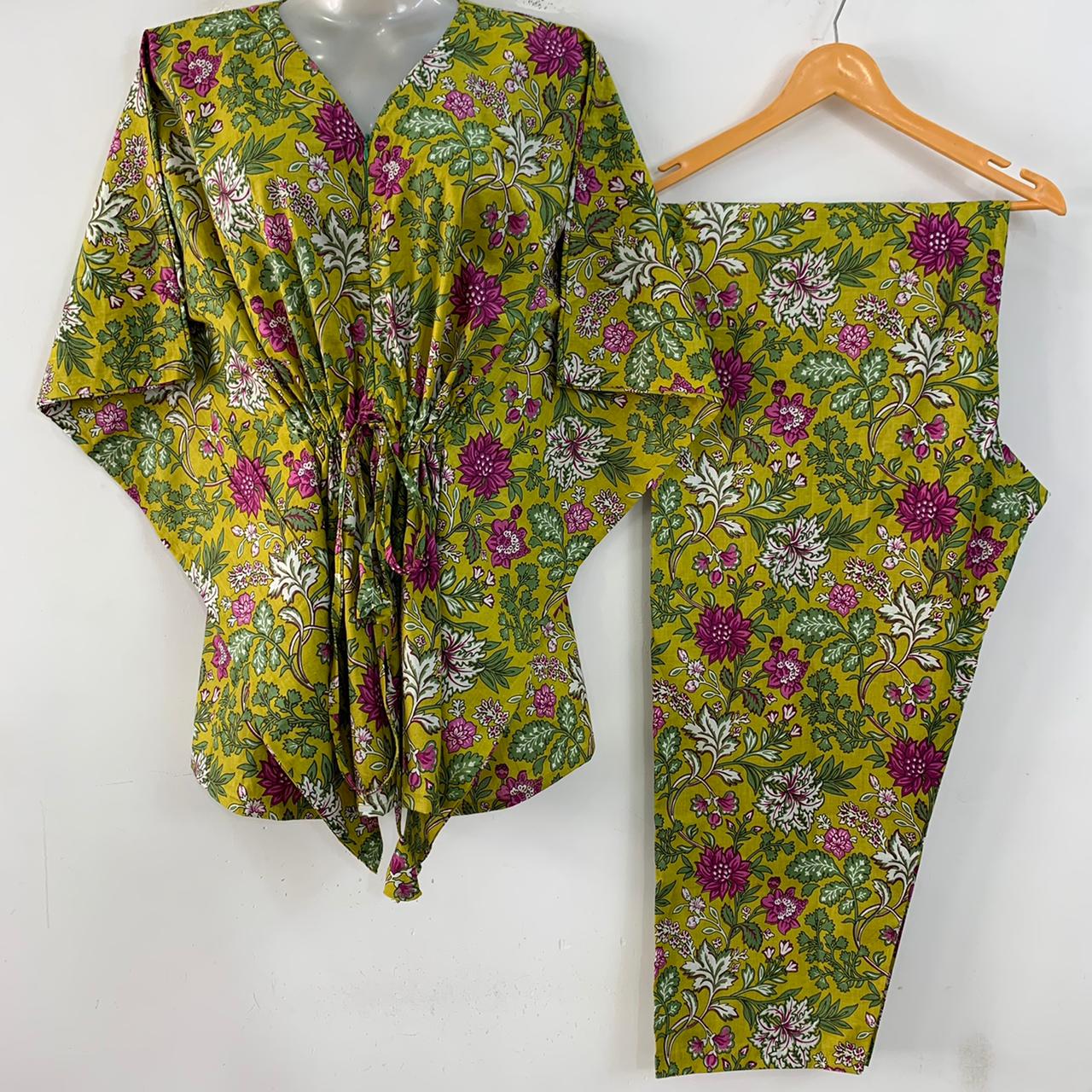 Lime-Yellow Shade Purple White Flowery Jungle Print Cotton Maternity Kaftan Co-Ord Set