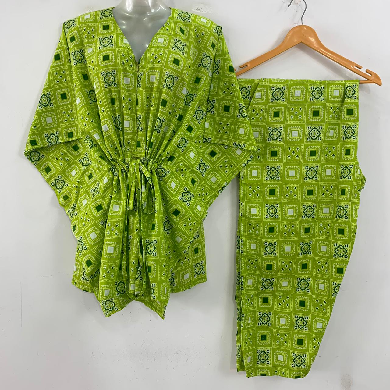 Light Green Shade Block Bagru Print Cotton Maternity Kaftan Co-Ord Set