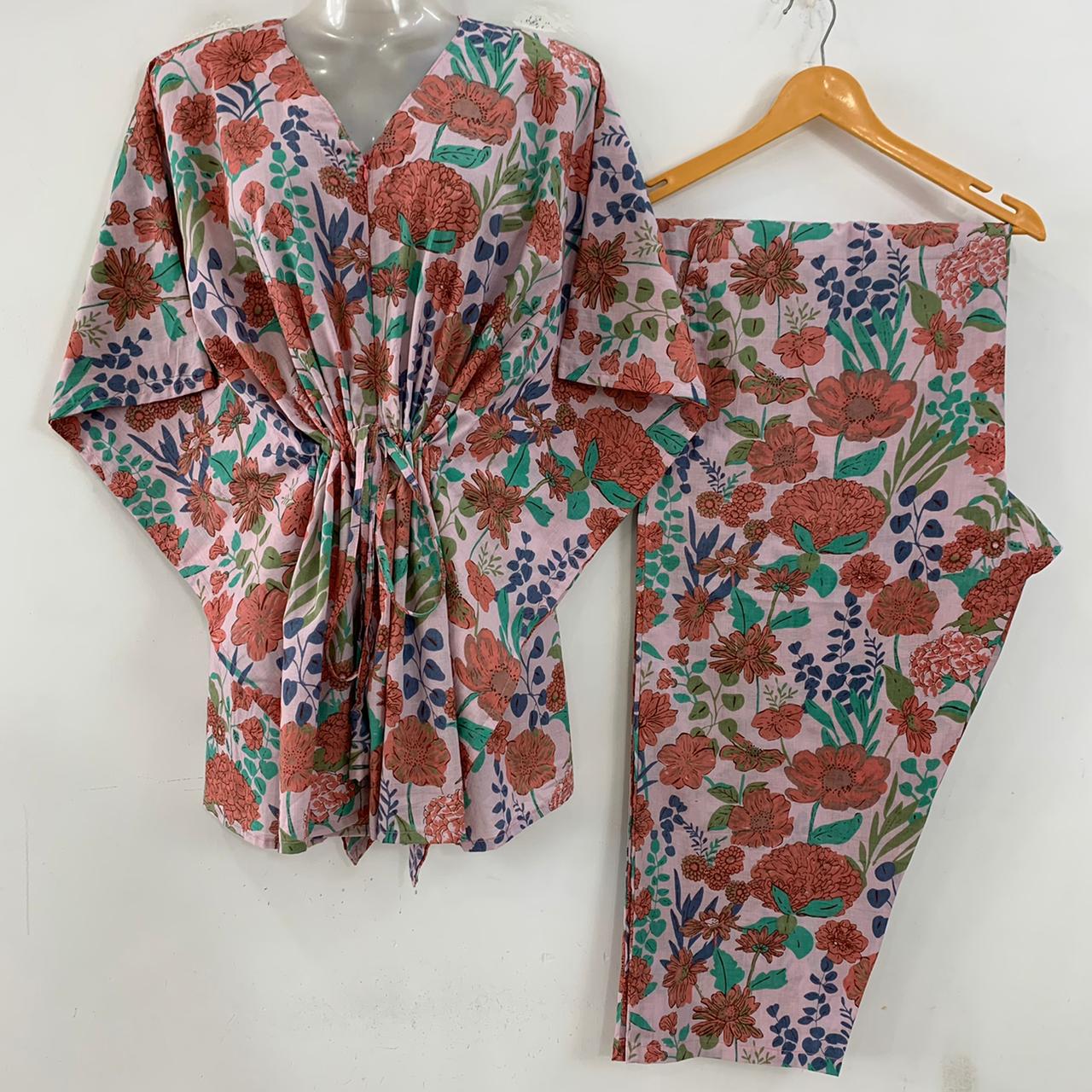 Light Pink Shade Red Marigold Flower Print Cotton Maternity Kaftan Co-Ord Set