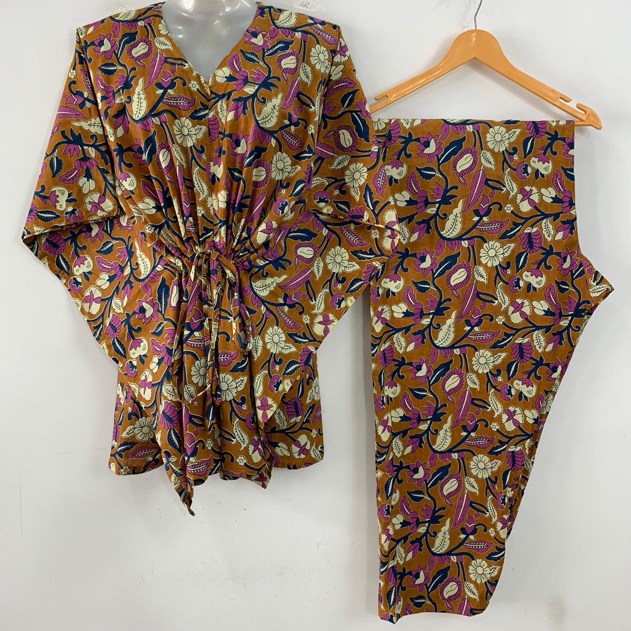 Brown Shade Purple Leafy Flower Print Cotton Maternity Kaftan Co-Ord Set