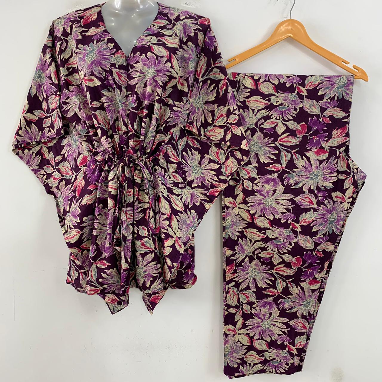 Plum Shade Cactus Flower Print Cotton Maternity Kaftan Co-Ord Set