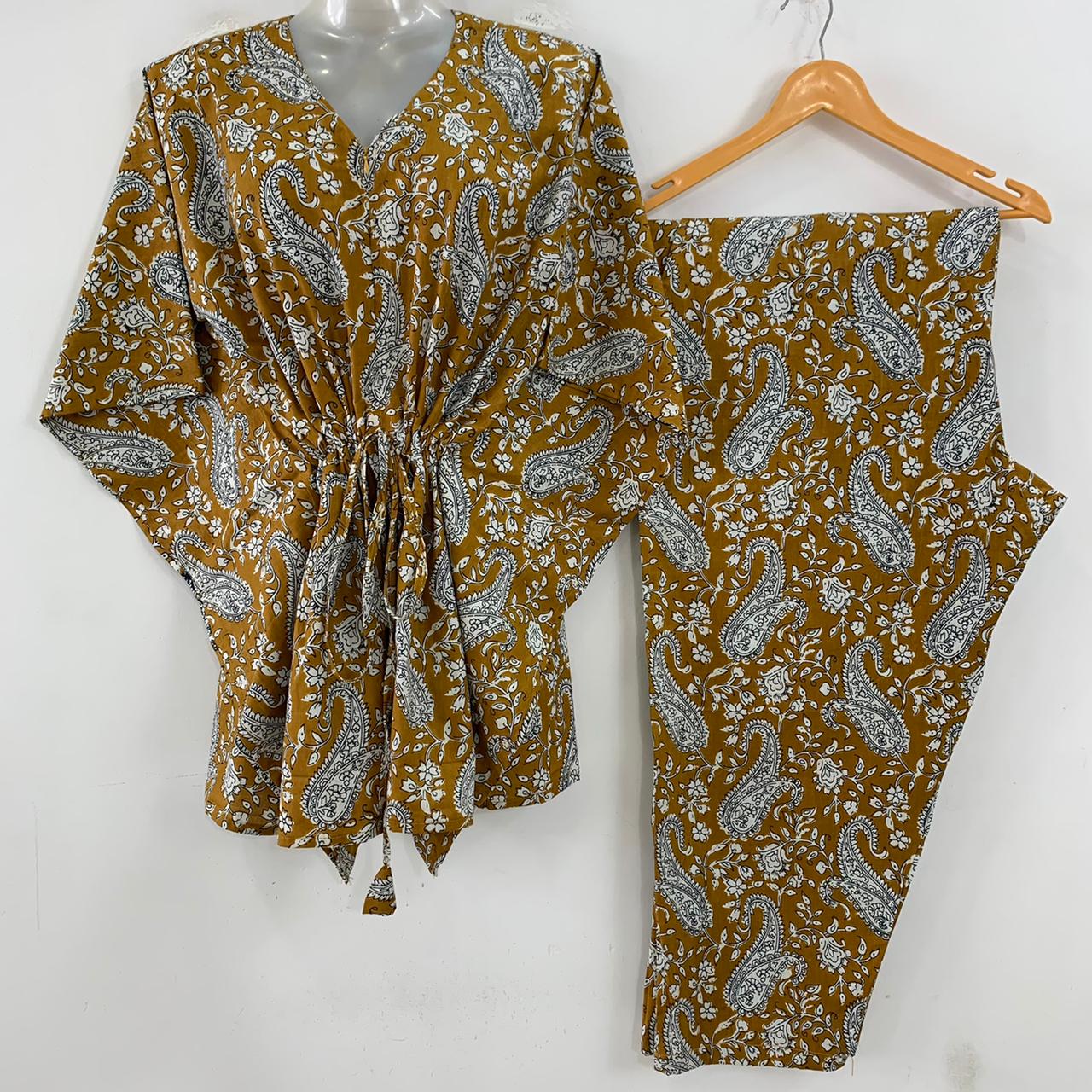 Mustard Brown Shade Alp Print Cotton Maternity Kaftan Co-Ord Set