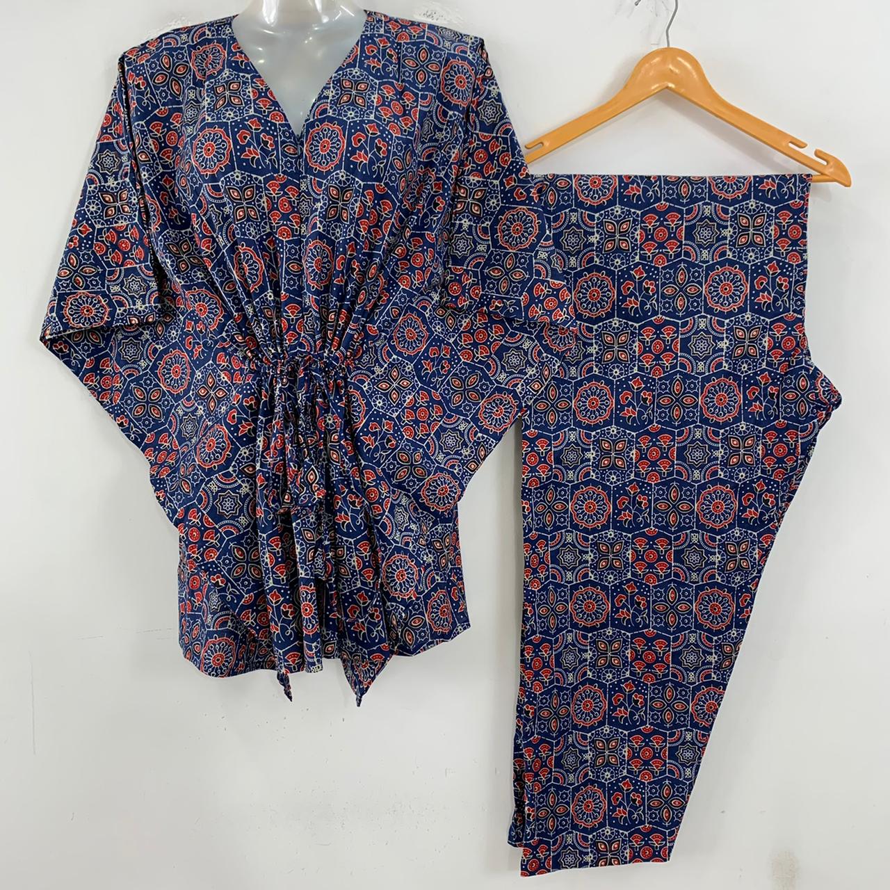 Blue Shade Geometrical Print Cotton Maternity Kaftan Co-Ord Set