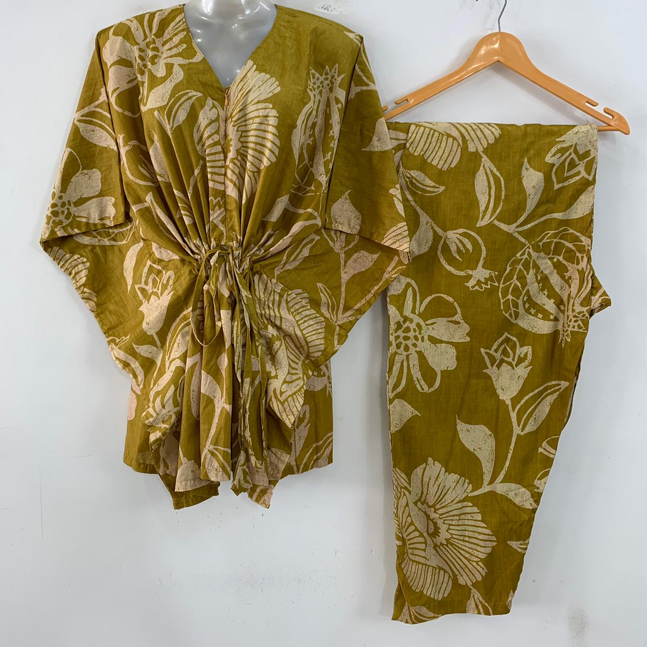Mustard Brown Shade Flower Outliner Garden Print Cotton Maternity Kaftan Co-Ord Set