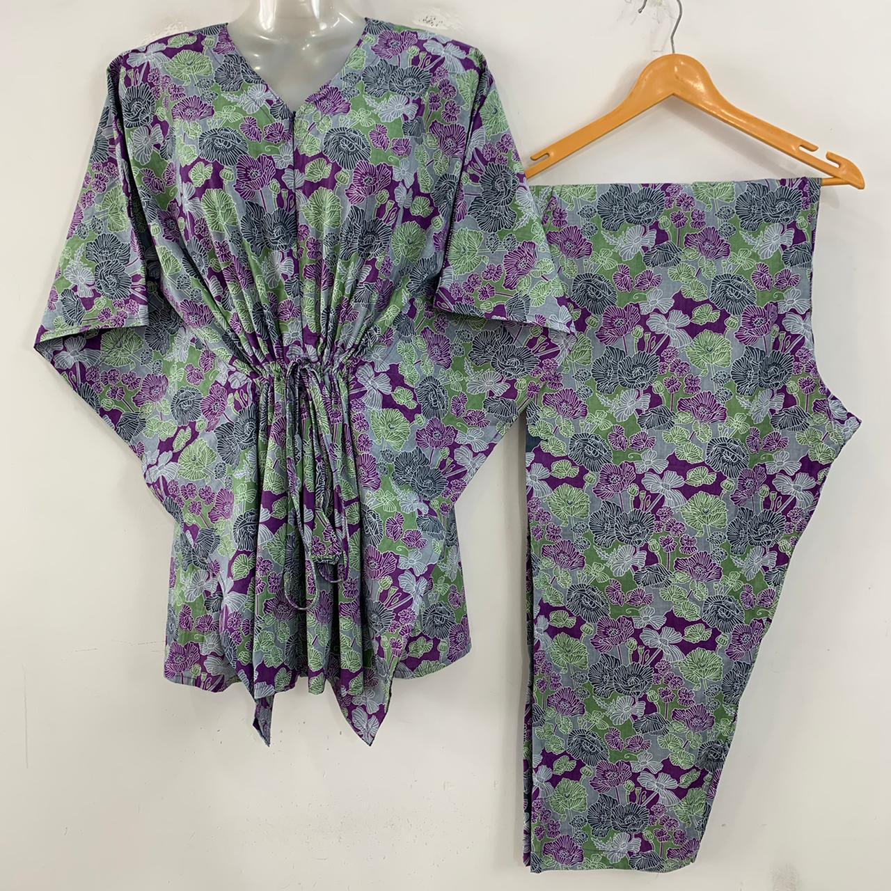 Grey-Purple Small Digital Flower Garden Print Cotton Maternity Kaftan Co-Ord Set