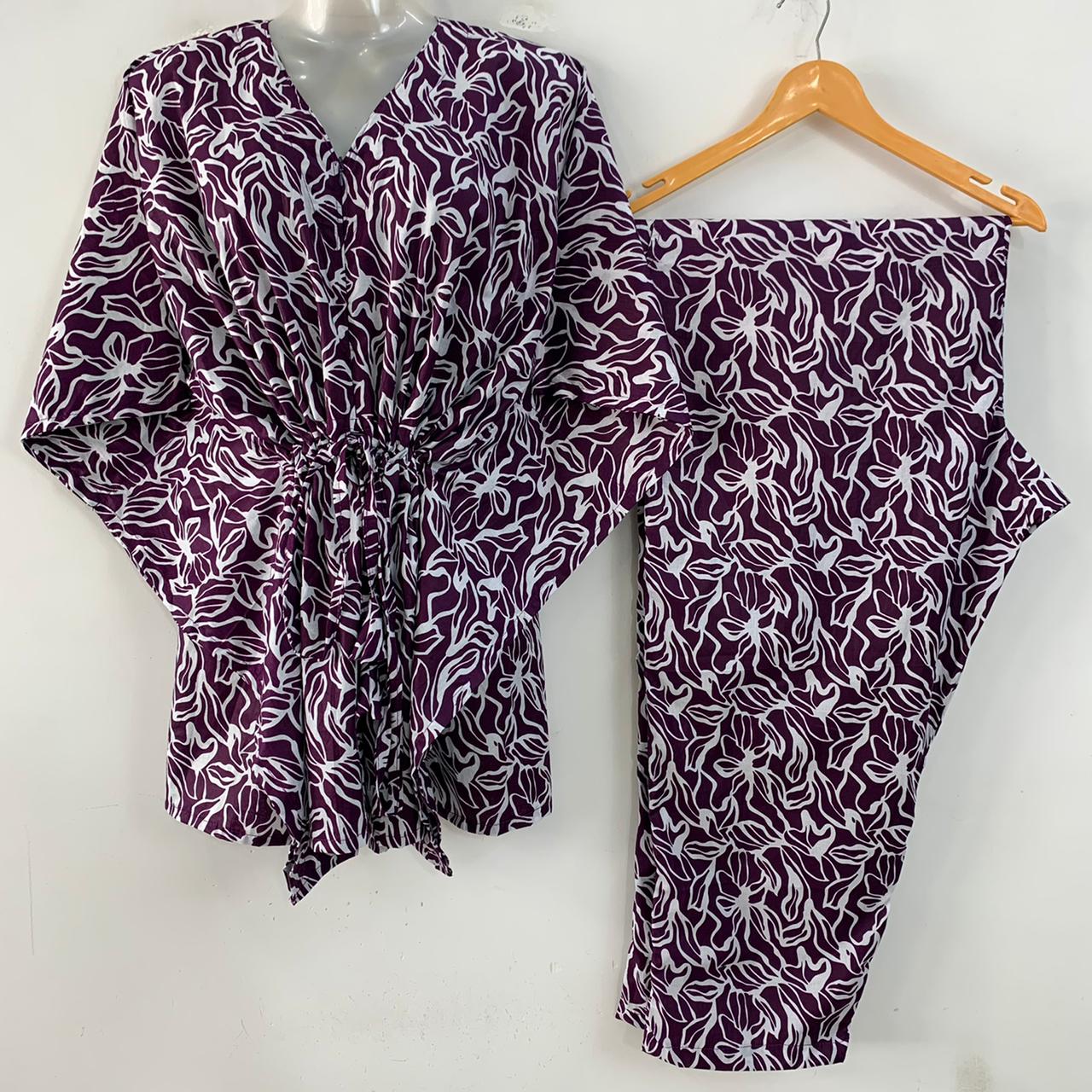 Purple Shade Roots Print Cotton Maternity Kaftan Co-Ord Set