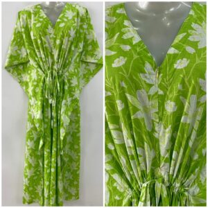 Lime Green Seasoning Flower Print Cotton Maternity Nursing Kaftan