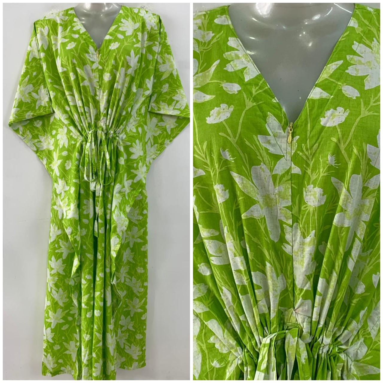 Lime Green Seasoning Flower Print Cotton Maternity Nursing Kaftan