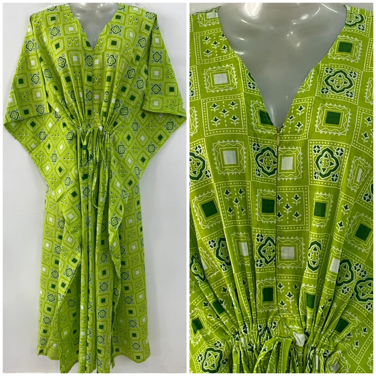 Lime Green Shade Block Bagru Print Cotton Maternity Nursing Kaftan