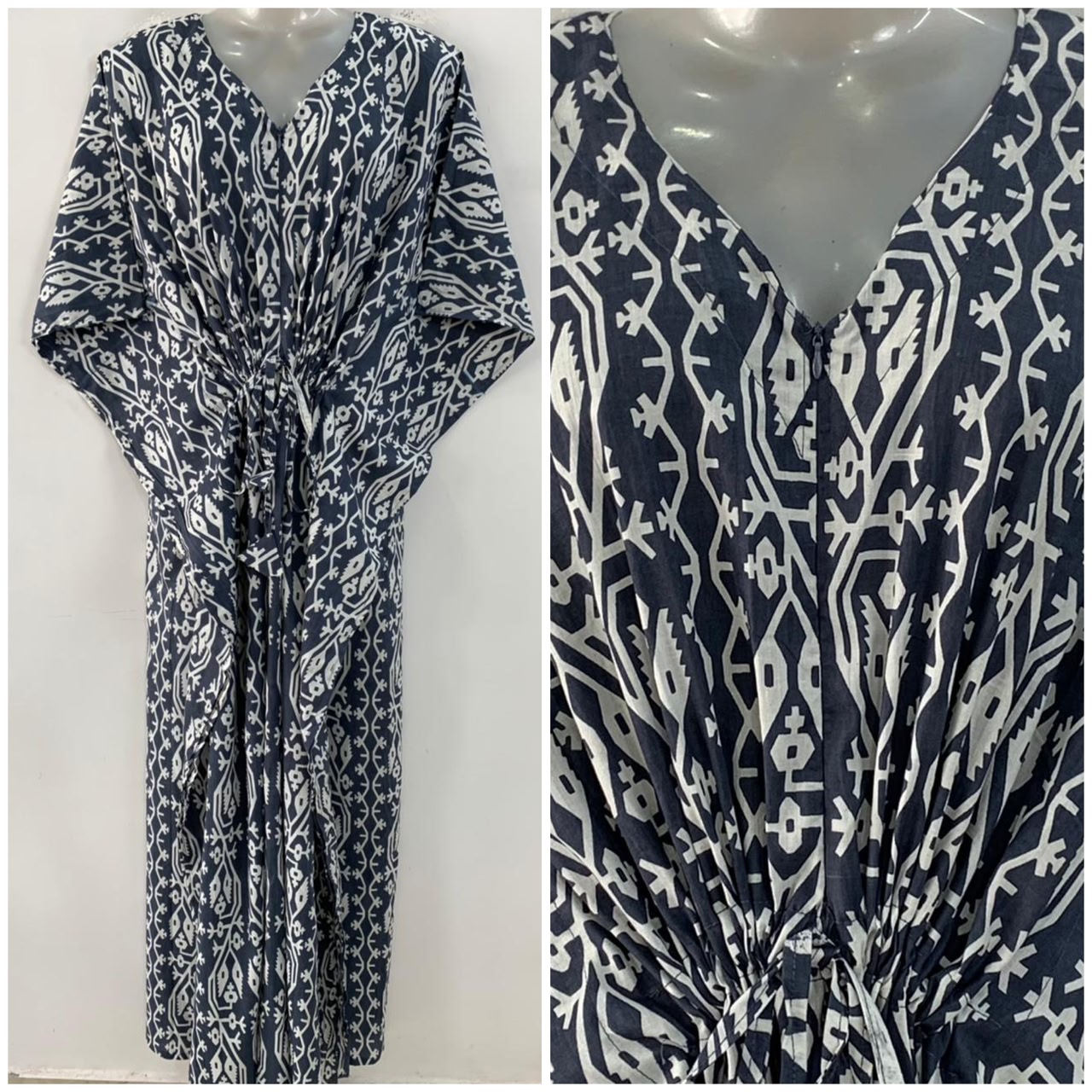 Dark Grey Shade Egyptian Ikkat Print Cotton Maternity Nursing Kaftan
