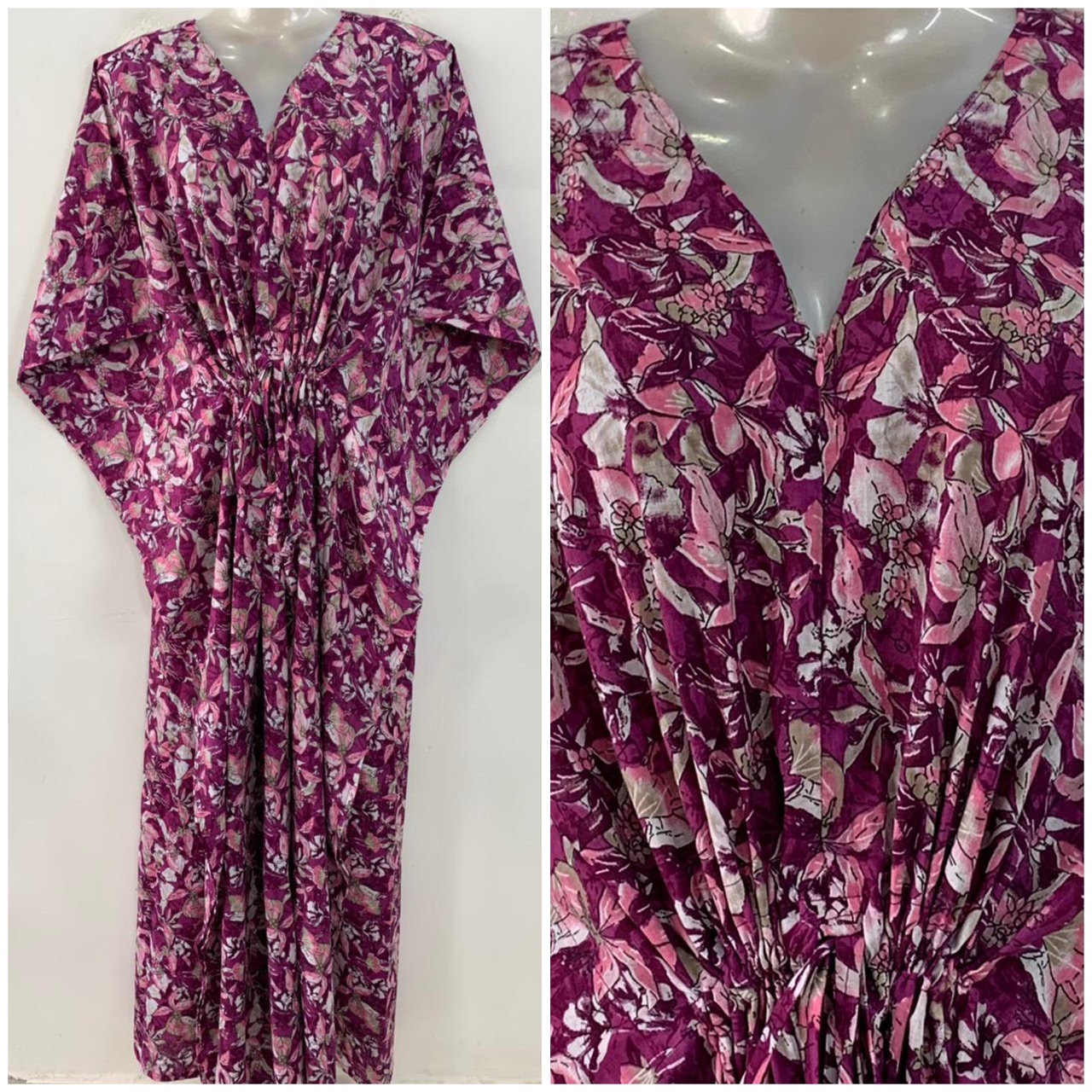 Magenta Pink Shade Pink Leafy Flower Abstract Print Cotton Maternity Nursing Kaftan