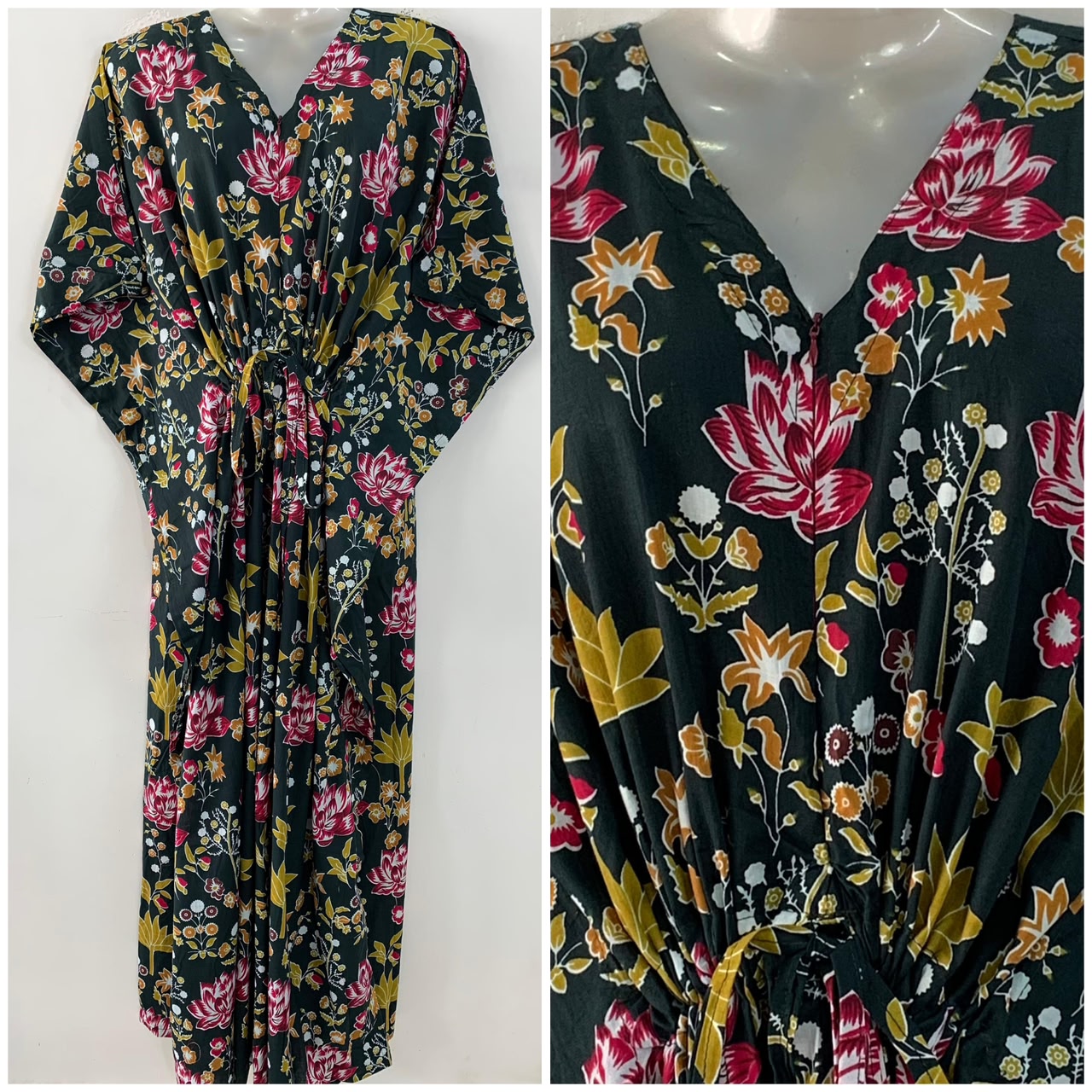 Dark Green Shade Pink lotus Garden Print Cotton Maternity Nursing Kaftan