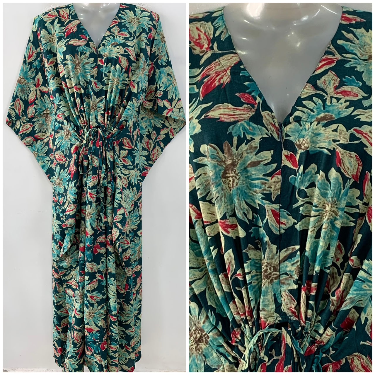 Green Shade Cactus Flower  Print Cotton Maternity Nursing Kaftan