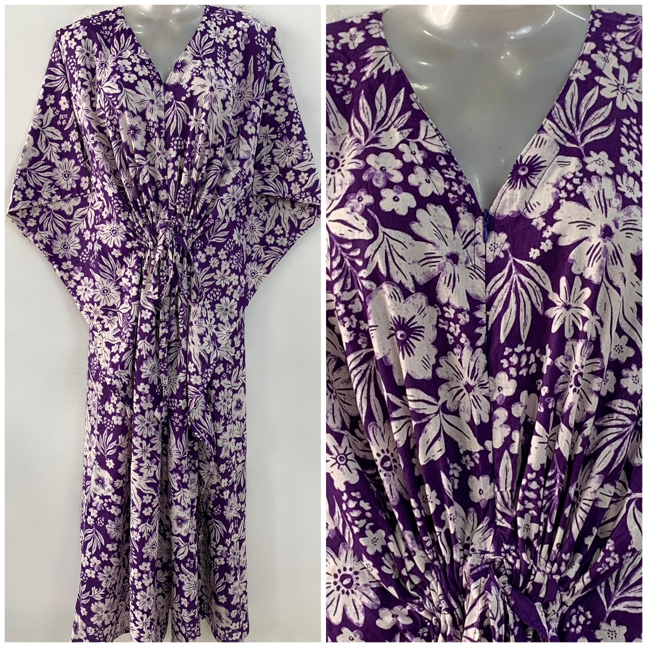 Purple Shade White Flower Bunch Print Cotton Maternity Nursing Kaftan