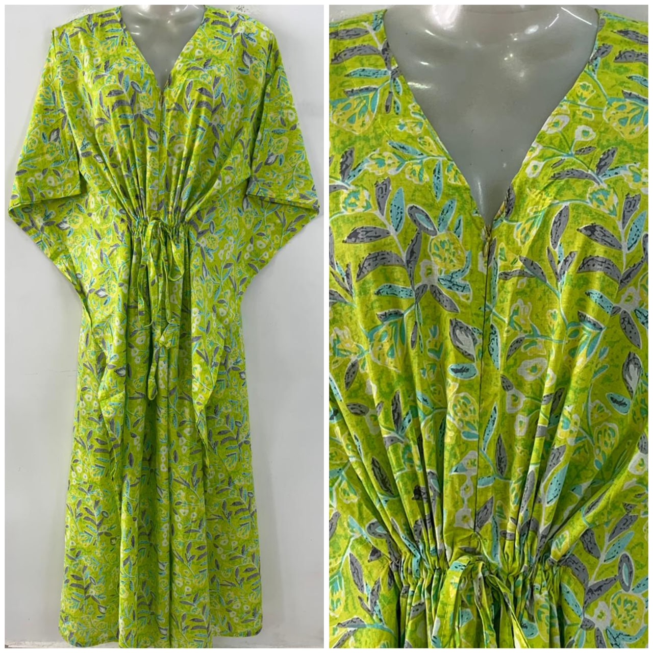 Fresh Green Shade Grey Leafy Print Cotton Maternity Nursing Kaftan