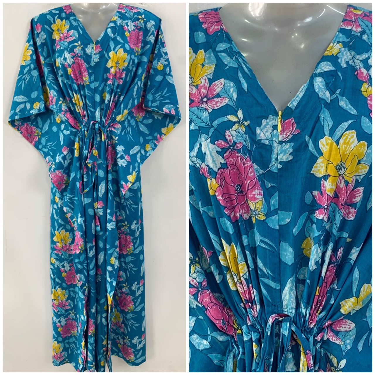 Light Blue shade Pink-Blue Morning Glory Print Cotton Maternity Nursing Kaftan
