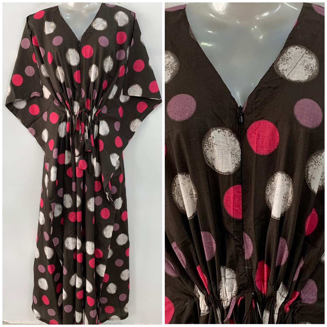 Black shade Big Polka Dots Print Cotton Maternity Nursing Kaftan