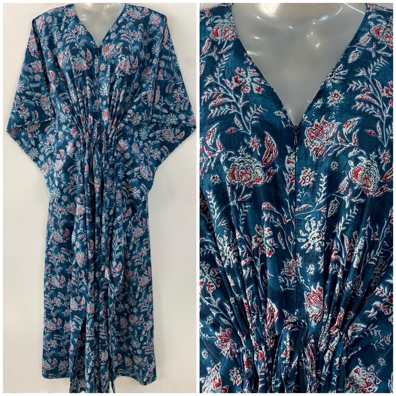 Blue shaded Pink flower Jungle Print Cotton Maternity Nursing Kaftan