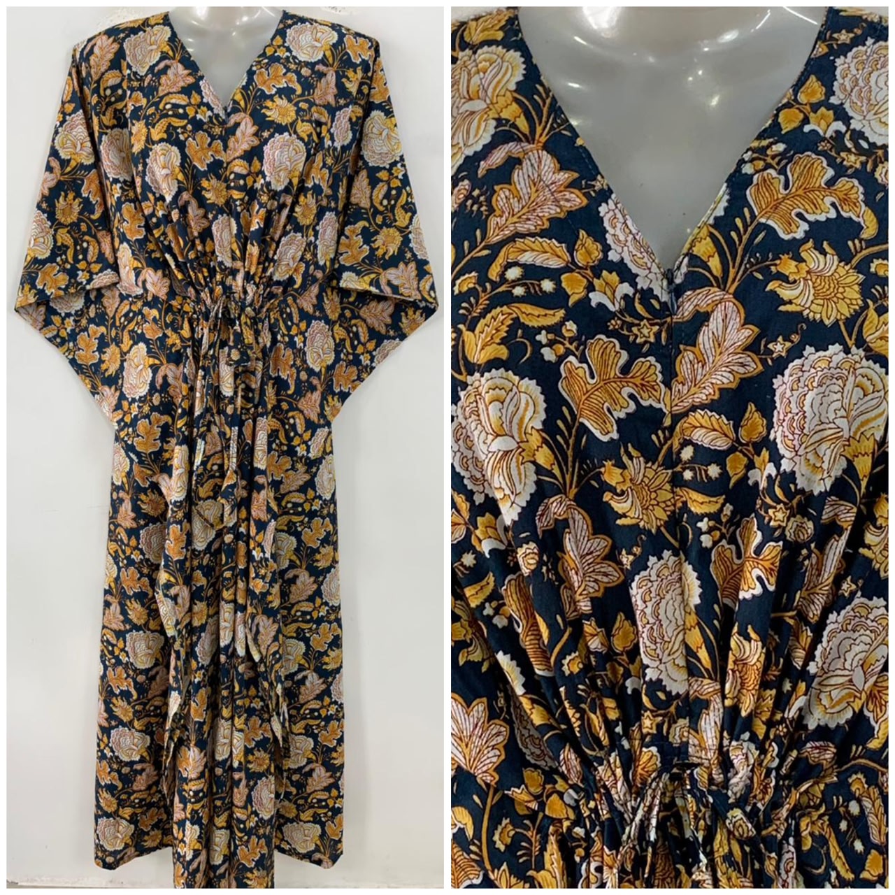 Blue shade Yellow Marigold Flower Print Cotton Maternity Nursing Kaftan