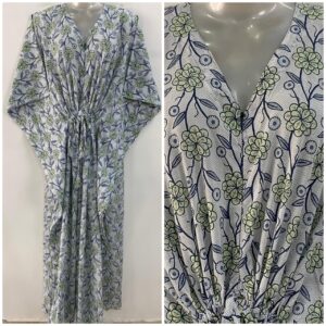 Light Grey shade Green Daisy Flower Bale Print Cotton Maternity Nursing Kaftan