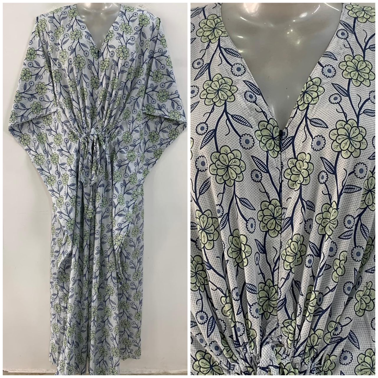 Light Grey shade Green Daisy Flower Bale Print Cotton Maternity Nursing Kaftan