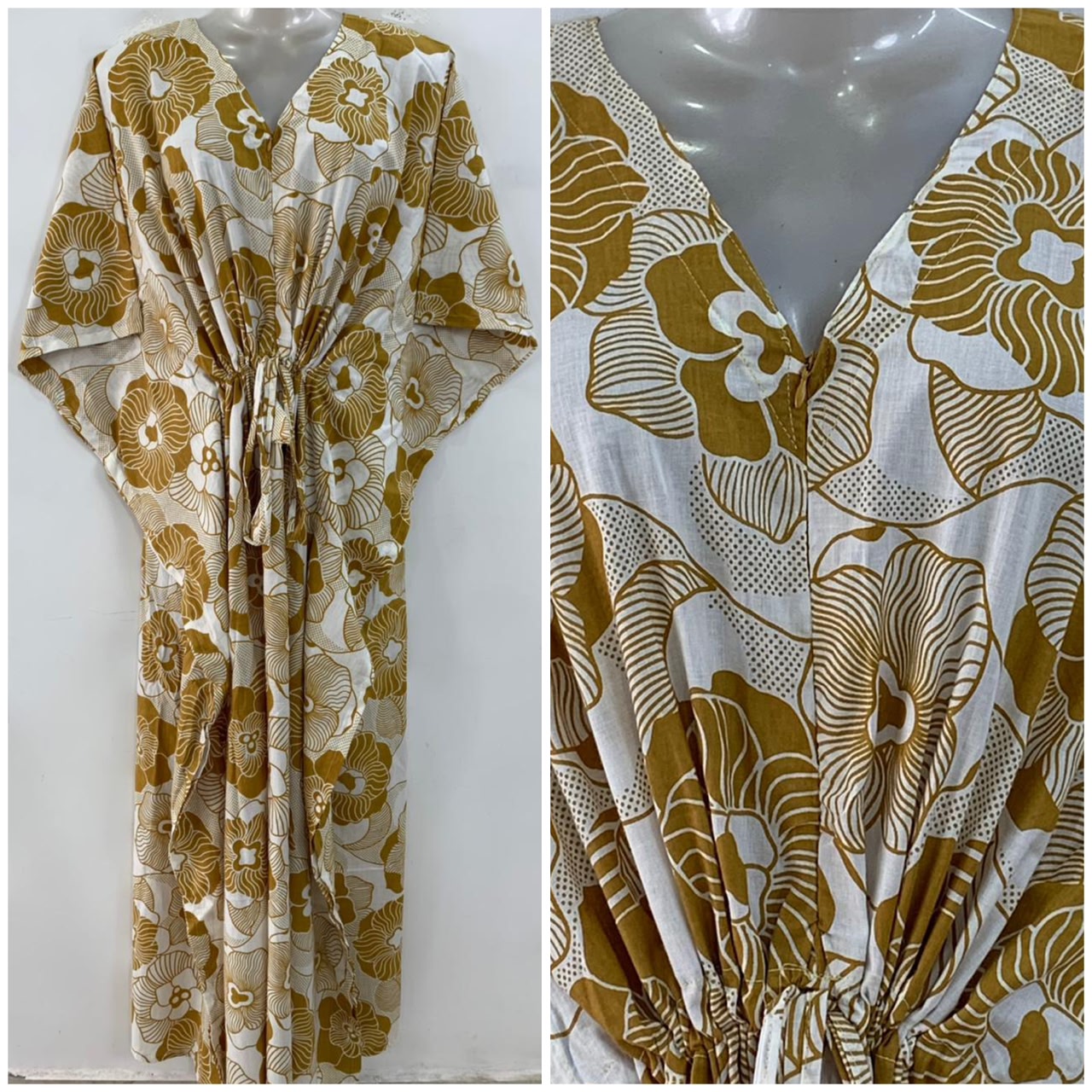 Mustard Brown shade Web Flower Print Cotton Maternity Nursing Kaftan