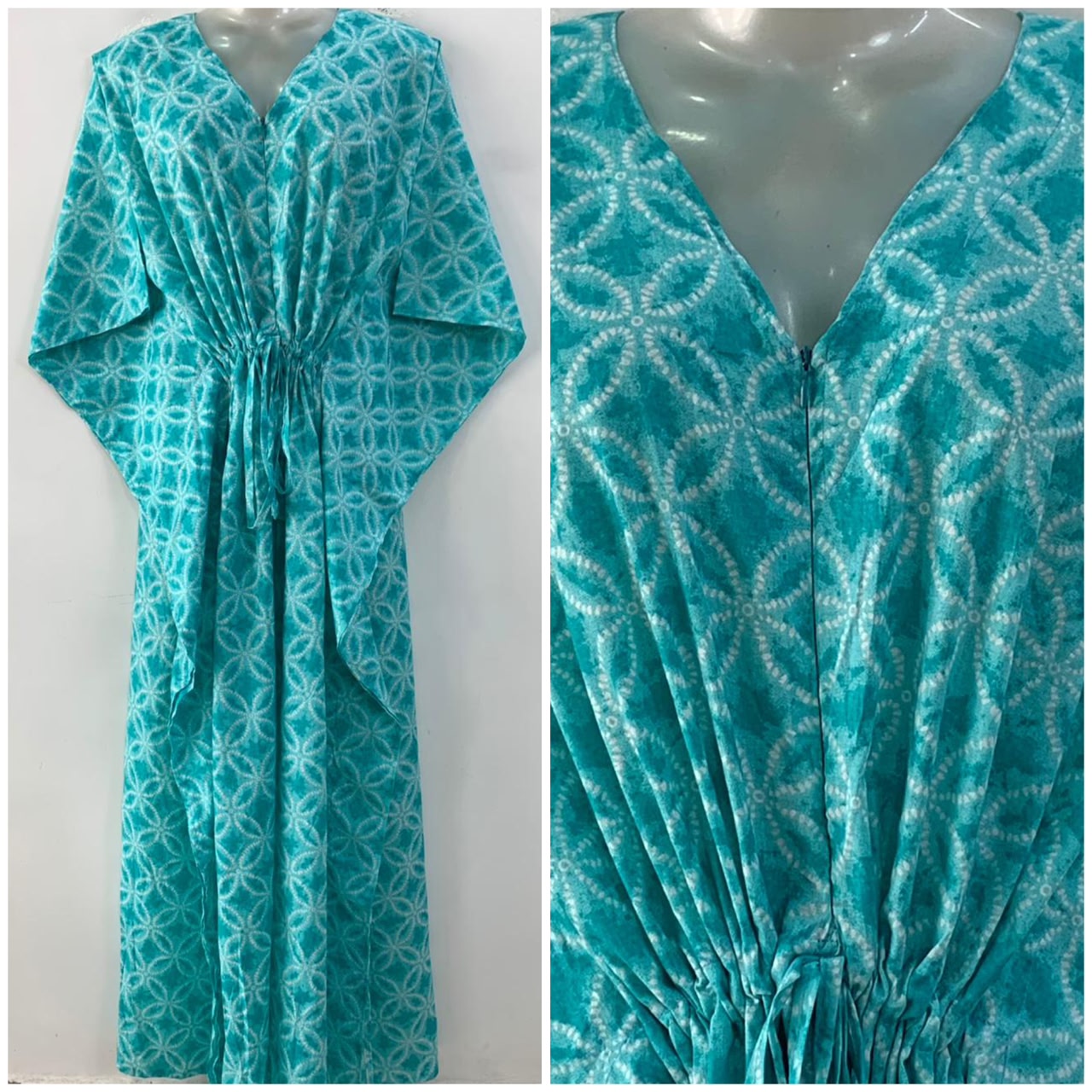 Seagreen Dotted Flower Print Cotton Maternity Nursing Kaftan