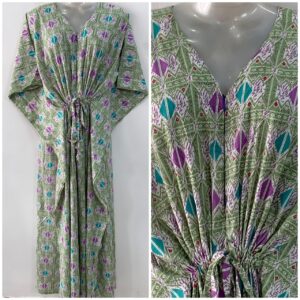 Light Green shade Purple -Blue Kite Print Cotton Maternity Nursing Kaftan