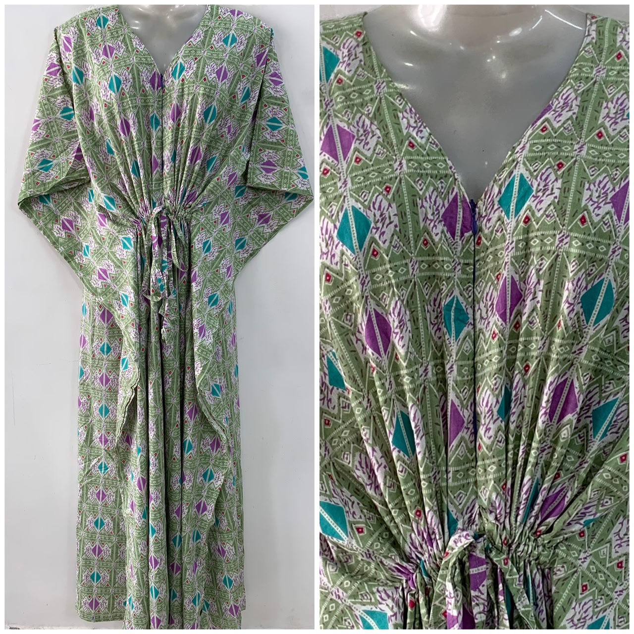 Light Green shade Purple -Blue Kite Print Cotton Maternity Nursing Kaftan