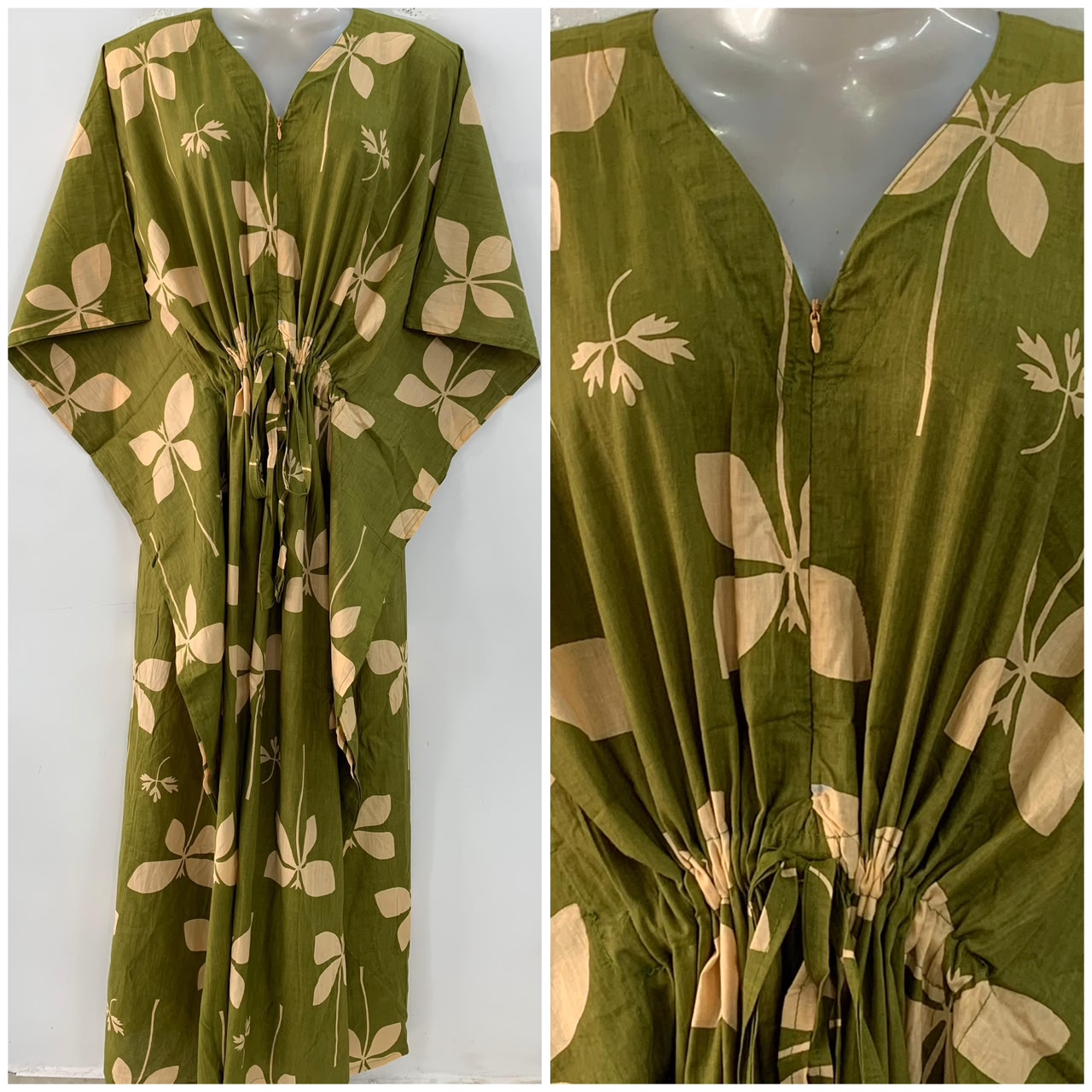 Olive Green Shade Single leafy Print Cotton Maternity Nursing Kaftan